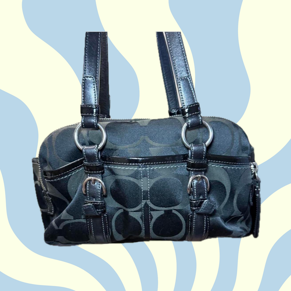 Coach handbag with signature logo on a blue and yellow abstract background