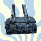 Coach handbag with signature logo on a blue and yellow abstract background