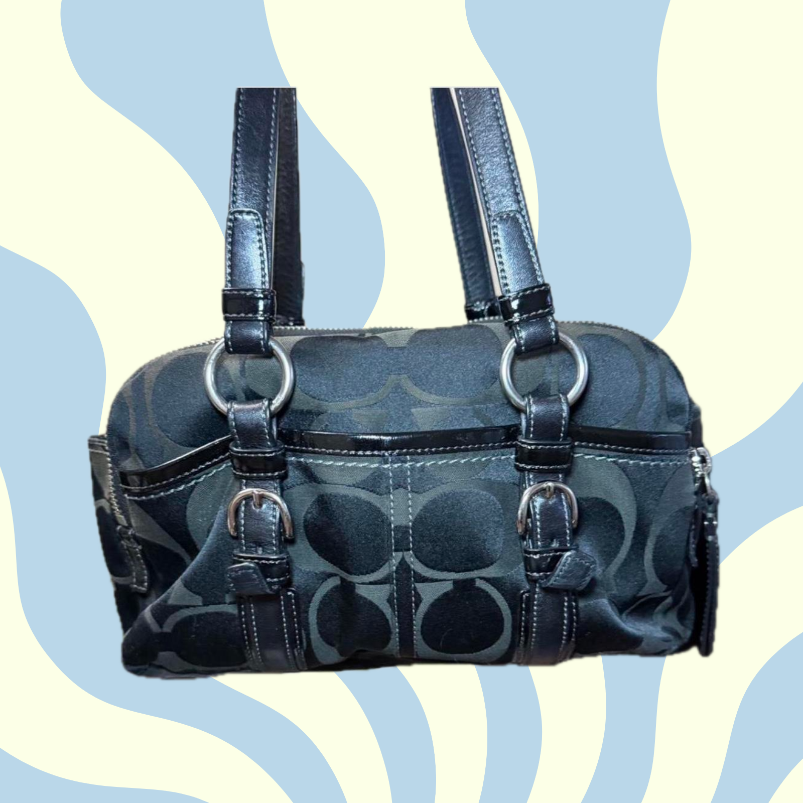 Coach handbag with signature logo on a blue and yellow abstract background