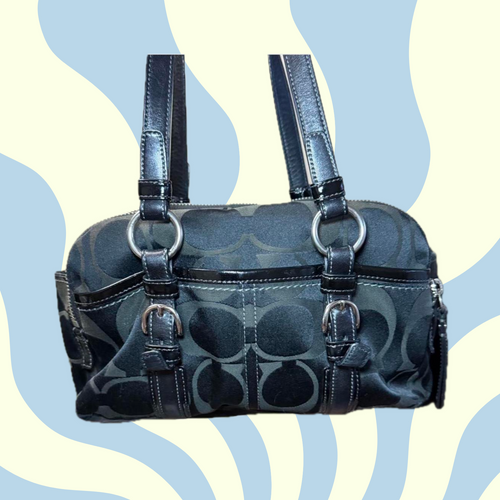 Coach handbag with signature logo on a blue and yellow abstract background