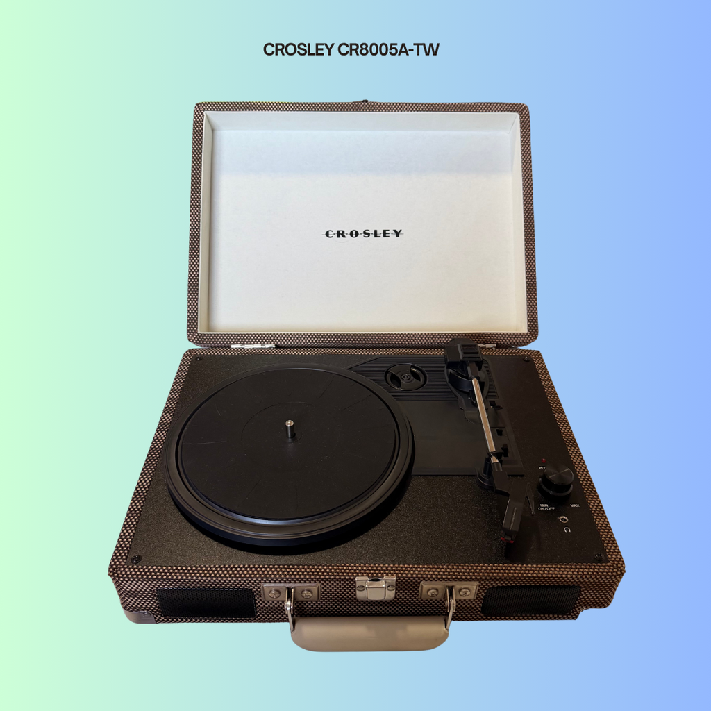 Crosley CR800portable record player on a gradient background