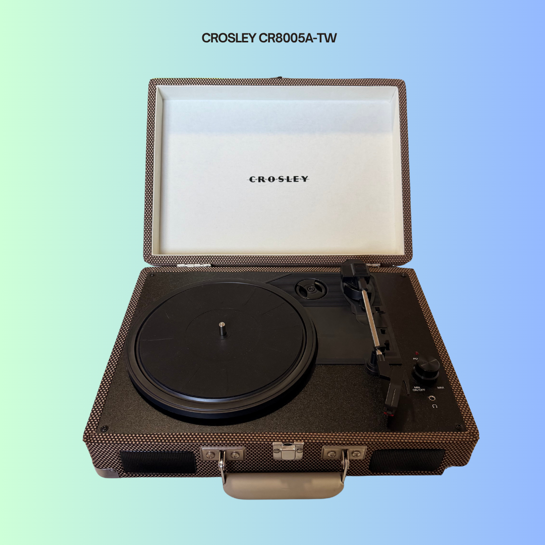 Crosley CR800portable record player on a gradient background