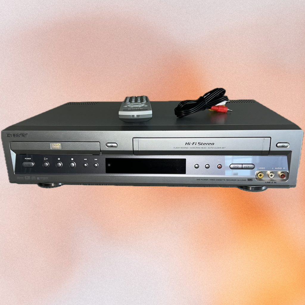 Sony Hi-Fi stereo system with remote control and cable on a gradient background