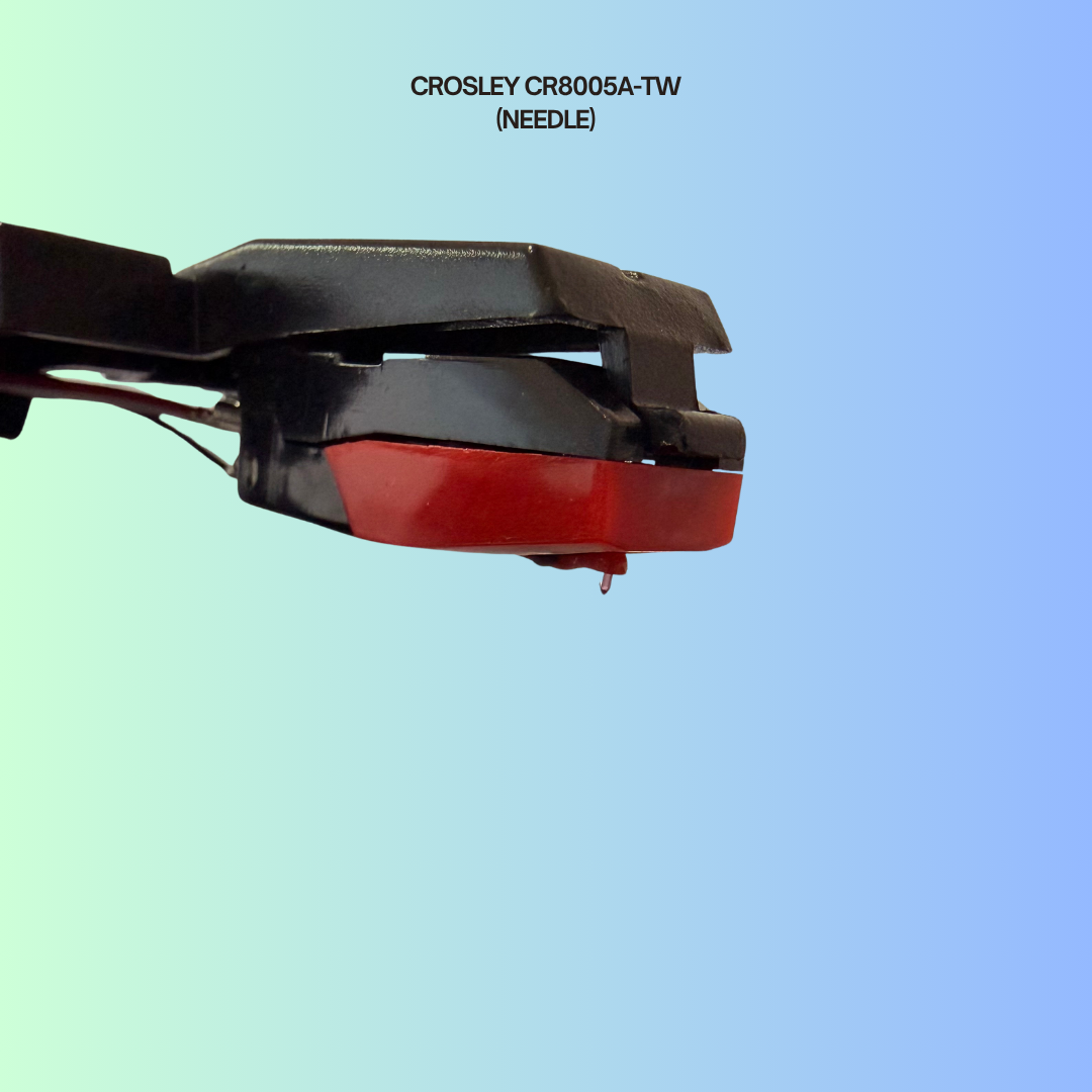 Close-up of a Crosley CR8005A-TW record player needle against a gradient blue background