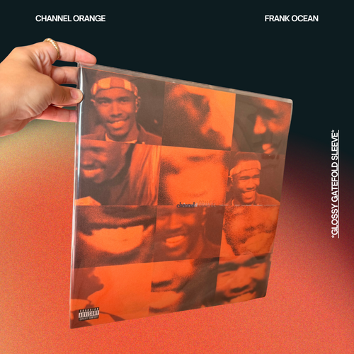 Album cover of 'Channel Orange' by Frank Ocean with a hand holding it against an orange gradient background.