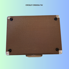 Bottom of a Crosley CR8005A-TW portable turntable. Shows rubber feet to prevent turntable from gliding.