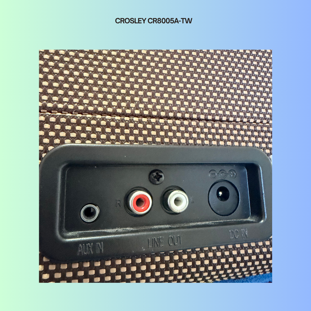 Back panel of a Crosley record player with audio connectors on a gradient background