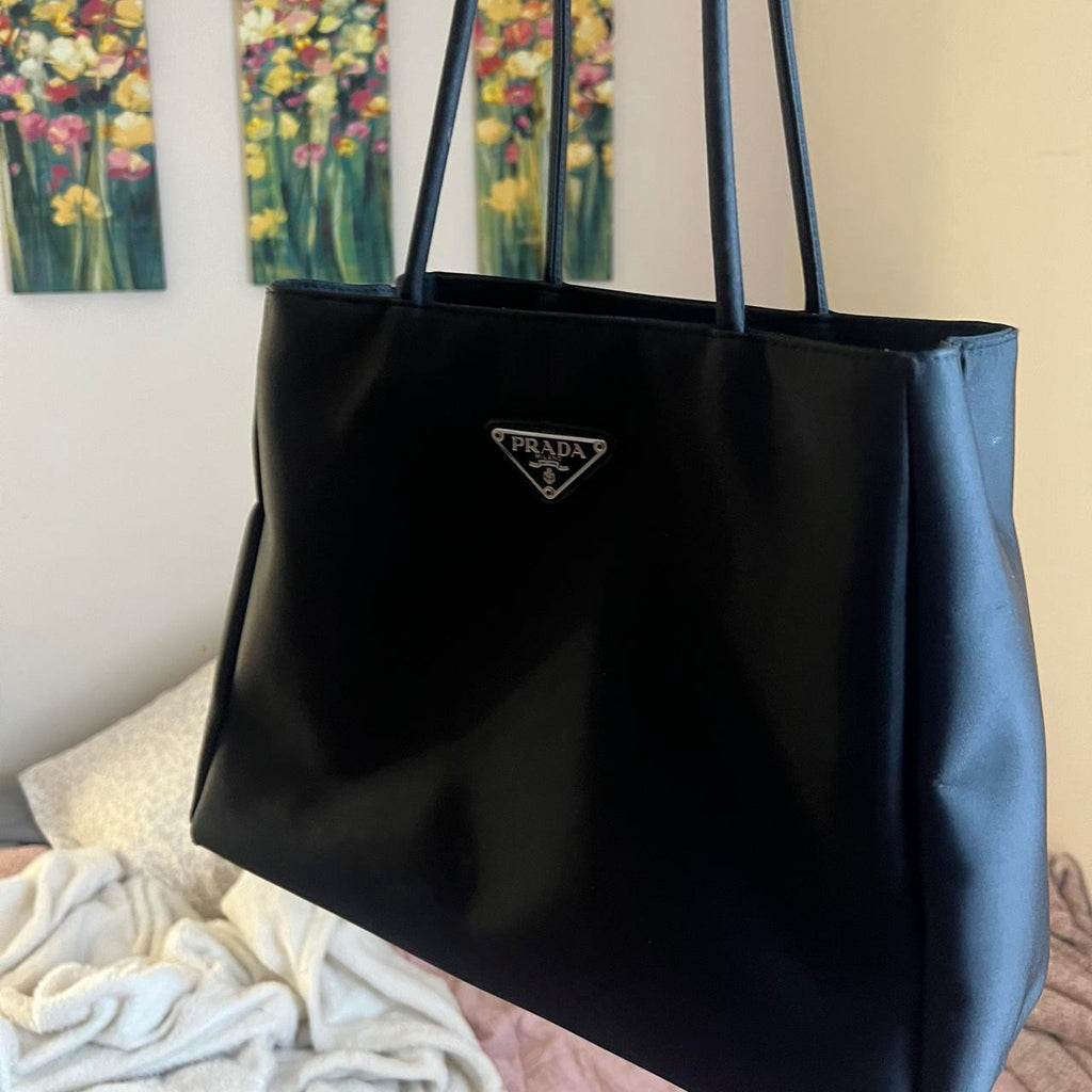 Prada Tessuto Nylon Tote Bag Black Silver Hardware Authentic