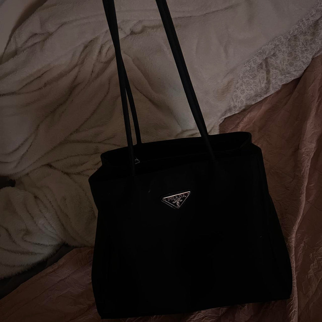 Prada Tessuto Nylon Tote Bag Black Silver Hardware Authentic