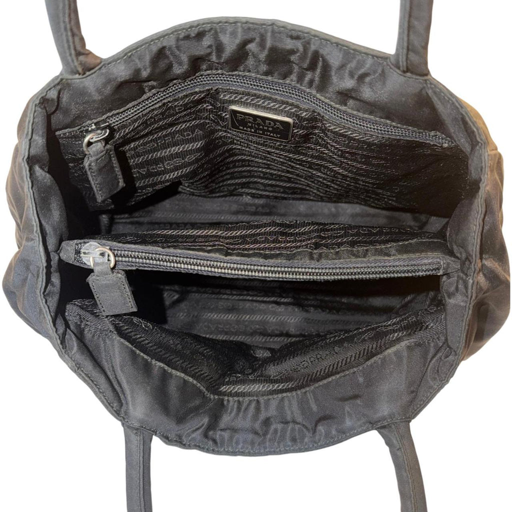 Prada Tessuto Nylon Tote Bag Black Silver Hardware Authentic